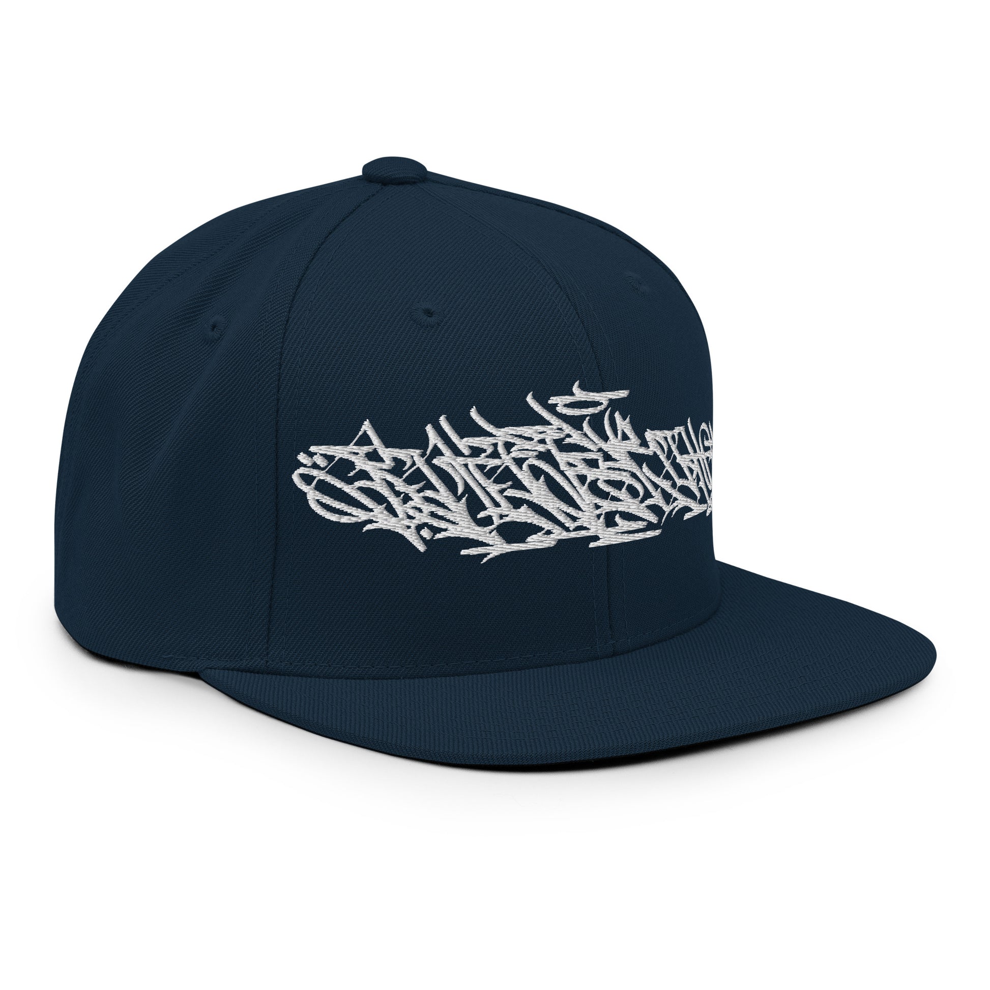 Navy-Shew Collab Graffiti Snapback Hat from B.Different Clothing, 3/4 right view, graffiti-inspired streetwear