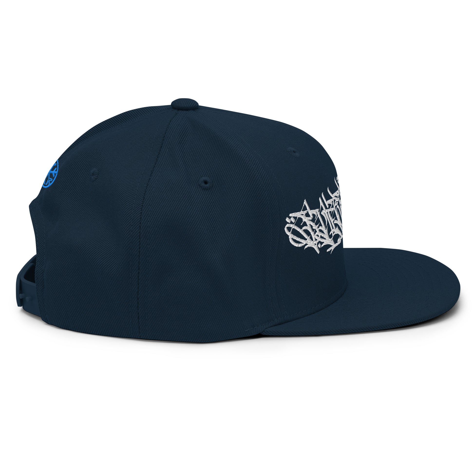 Navy-Shew Collab Graffiti Snapback Hat from B.Different Clothing, right view, graffiti-inspired streetwear