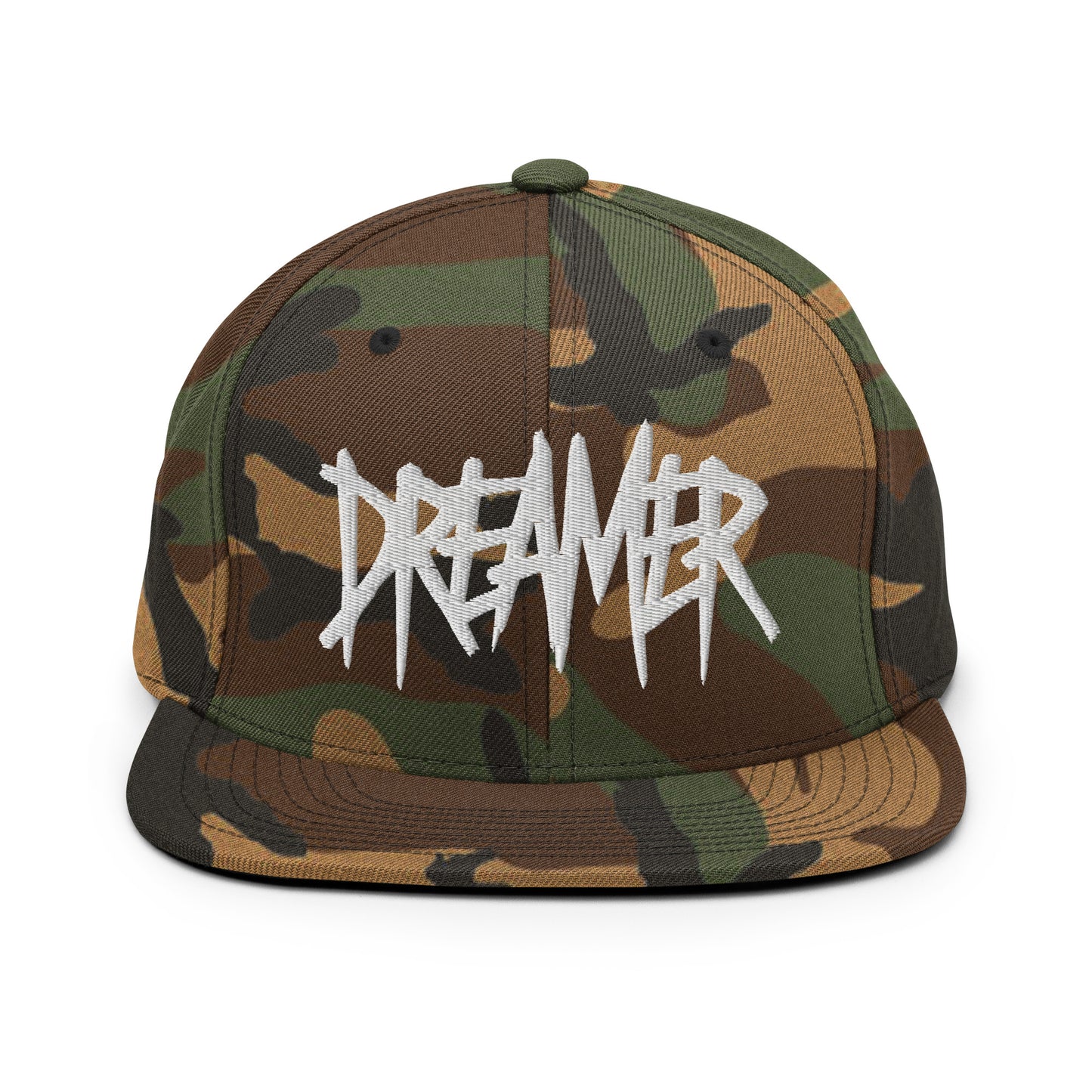 Camo-Dreamer Graffiti Tag Snapback Hat from B.Different Clothing, front view, graffiti-inspired streetwear