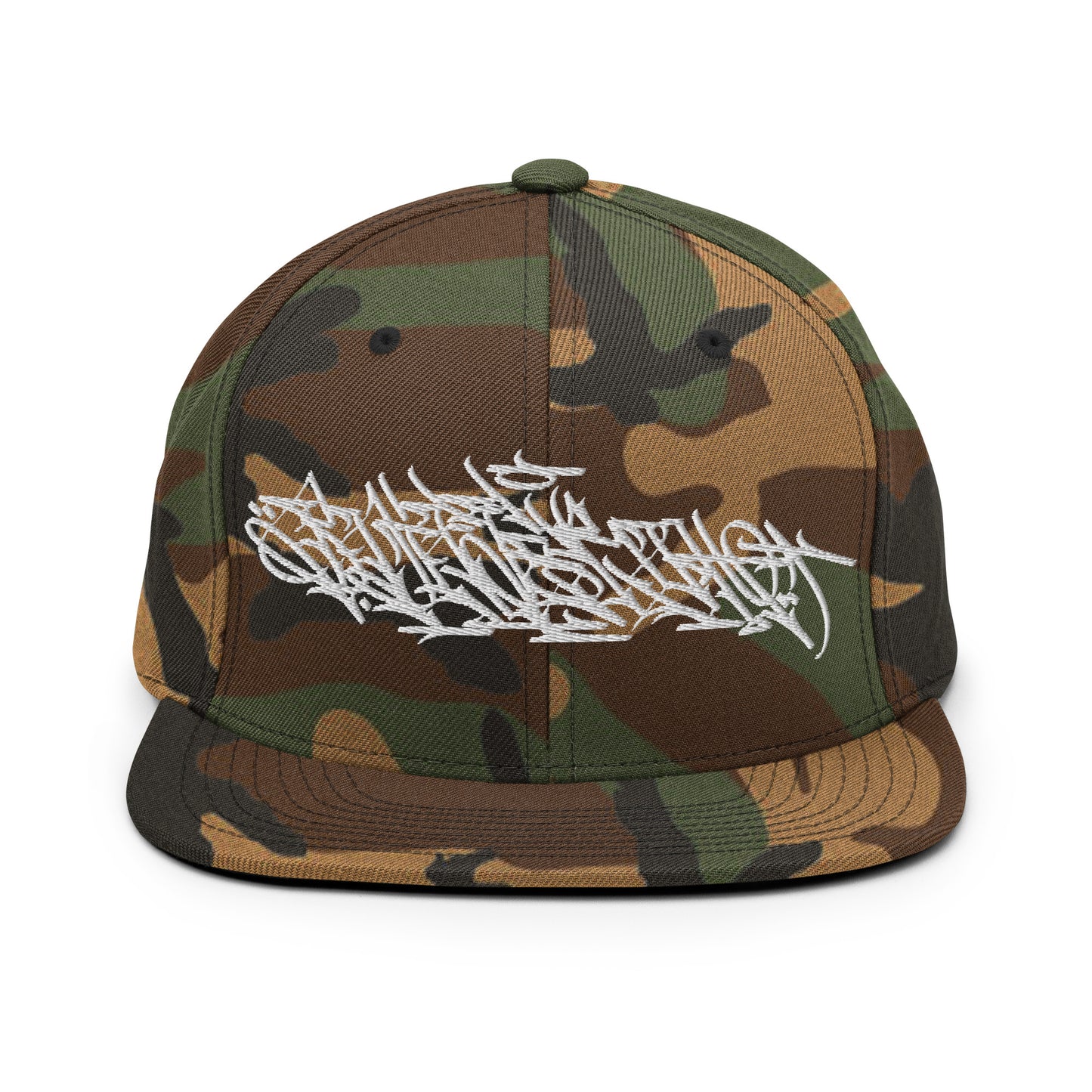 Camo-Shew Collab Graffiti Snapback Hat from B.Different Clothing, front view, graffiti-inspired streetwear