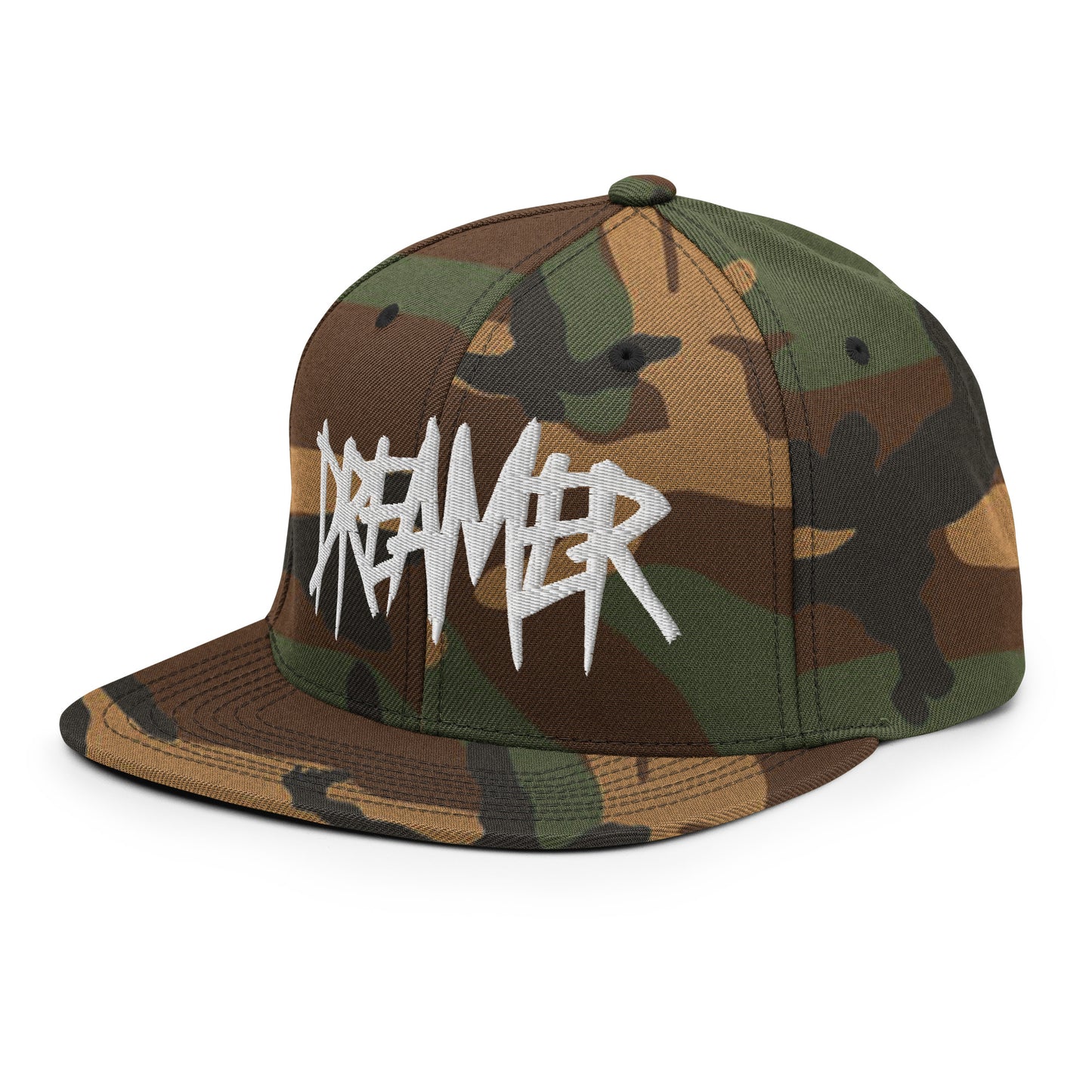 Camo-Dreamer Graffiti Tag Snapback Hat from B.Different Clothing, 3/4 left view, graffiti-inspired streetwear