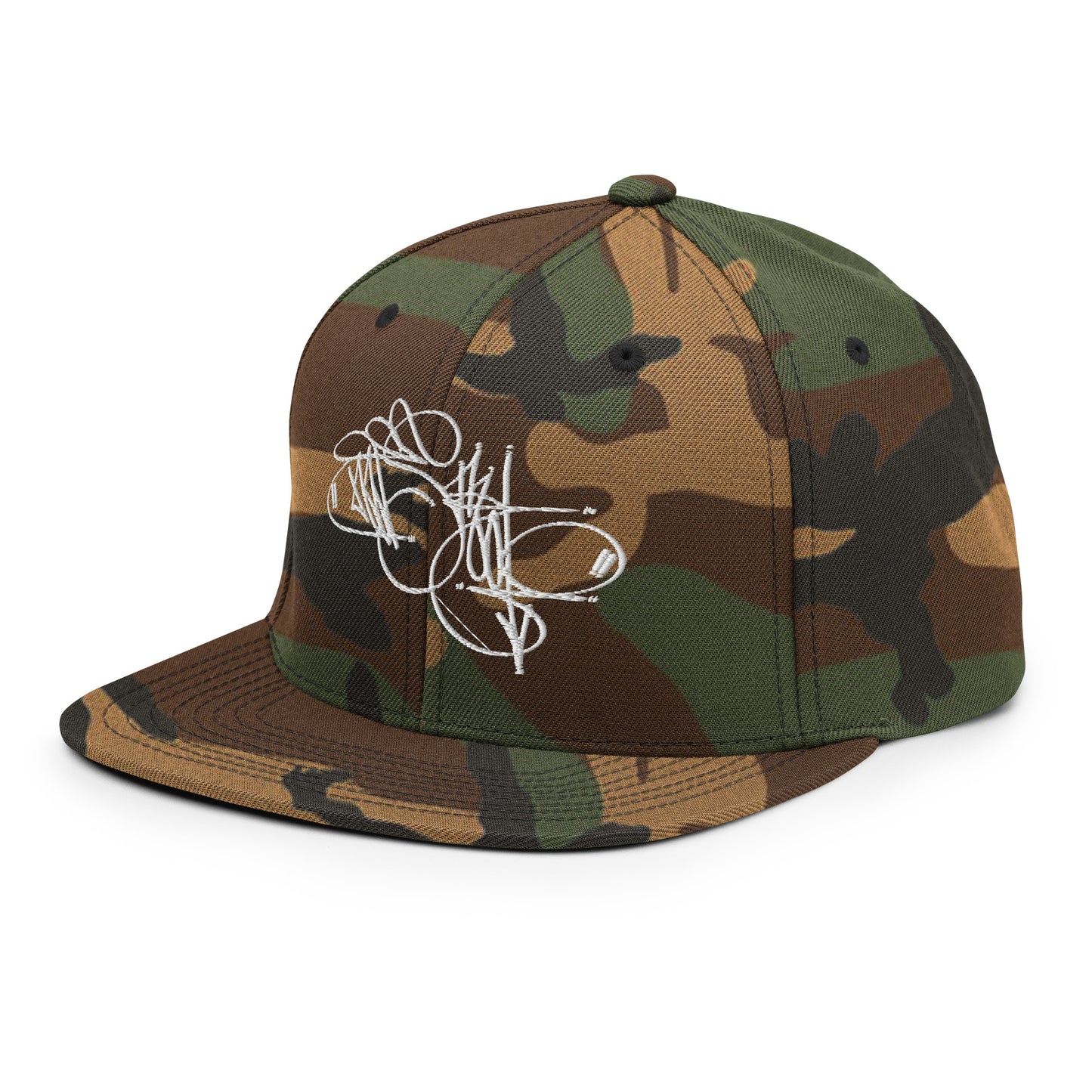 Camo-Misfit Tag Snapback Hat by Graffiti Dad from B.Different Clothing, 3/4 left view, graffiti-inspired streetwear