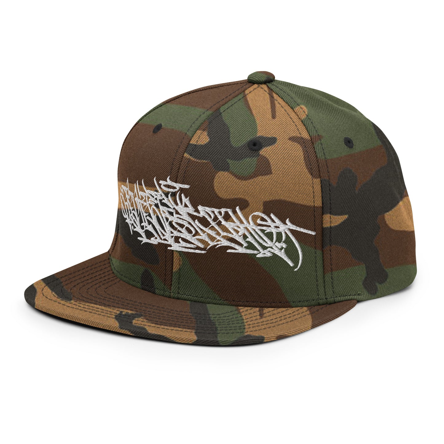 Camo-Shew Collab Graffiti Snapback Hat from B.Different Clothing, 3/4 left view, graffiti-inspired streetwear