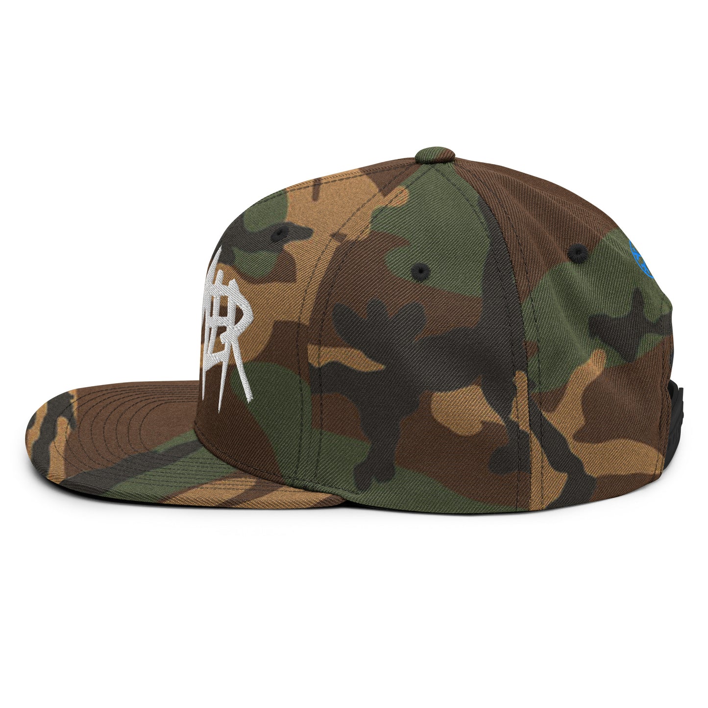 Camo-Dreamer Graffiti Tag Snapback Hat from B.Different Clothing, left view, graffiti-inspired streetwear