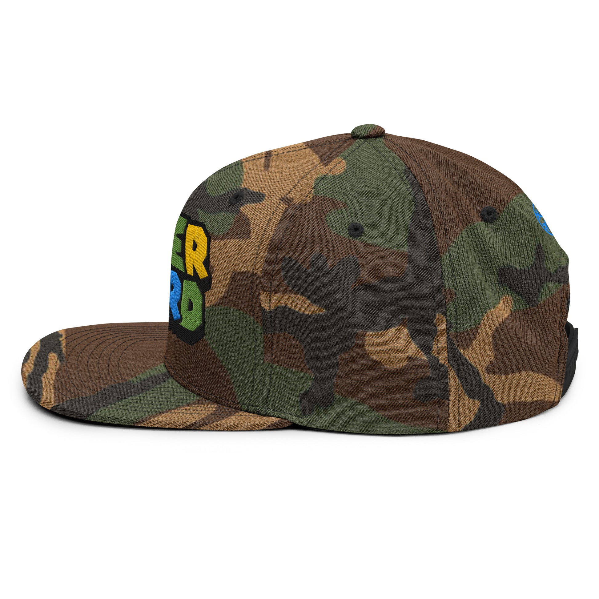 Camo-Super Weird Bros Snapback Hat from B.Different Clothing, left view, graffiti-inspired streetwear