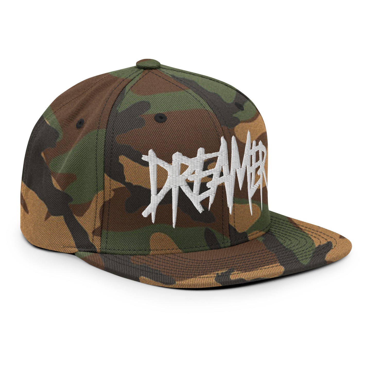 Camo-Dreamer Graffiti Tag Snapback Hat from B.Different Clothing, 3/4 right view, graffiti-inspired streetwear