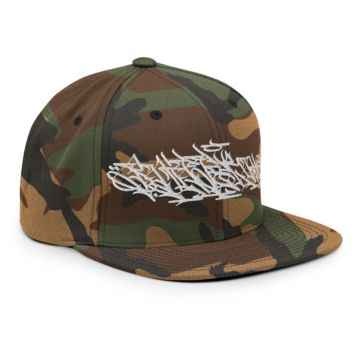 Camo-Shew Collab Graffiti Snapback Hat from B.Different Clothing, 3/4 right view, graffiti-inspired streetwear