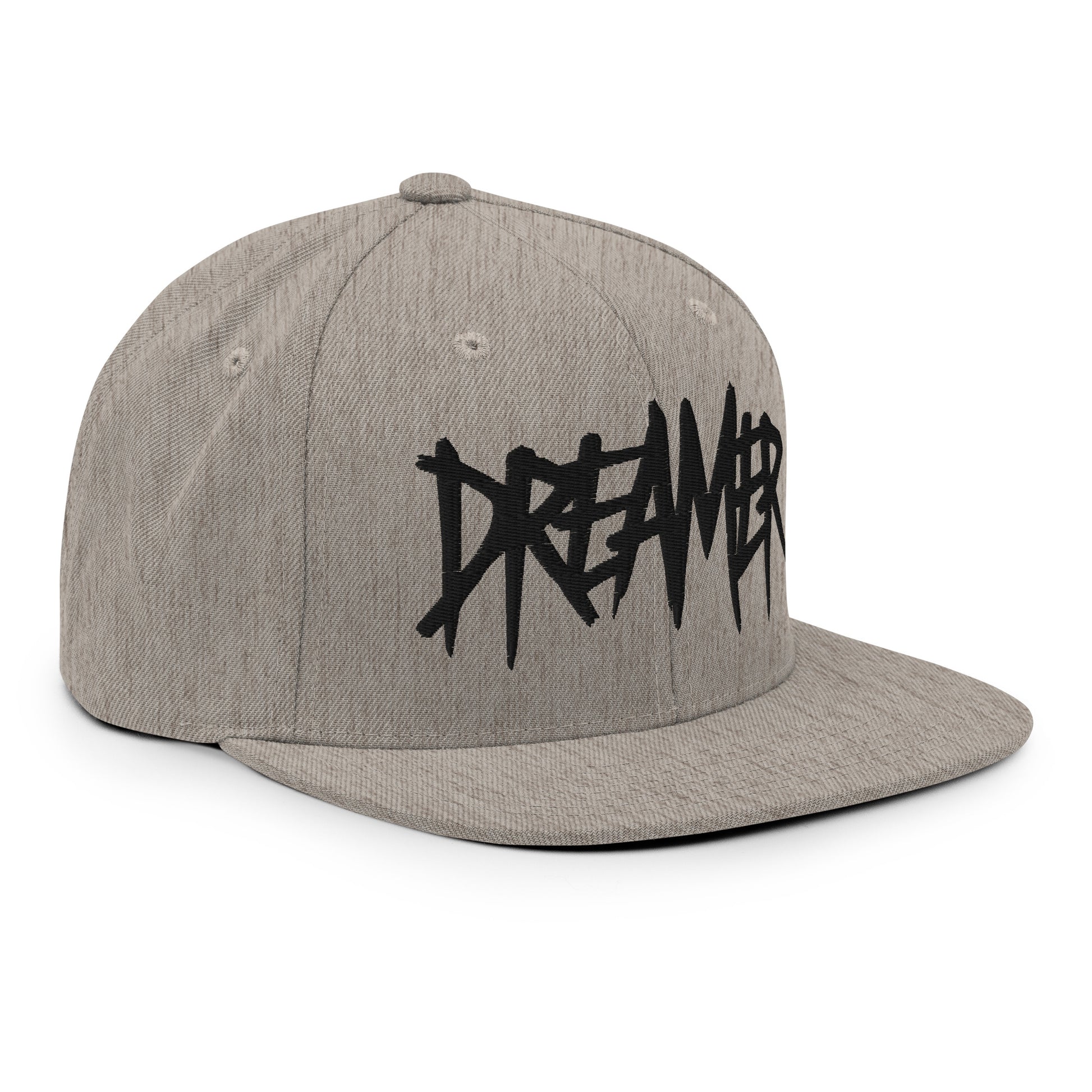 Gray-Dreamer Graffiti Tag Snapback Hat from B.Different Clothing, 3/4 right view, graffiti-inspired streetwear