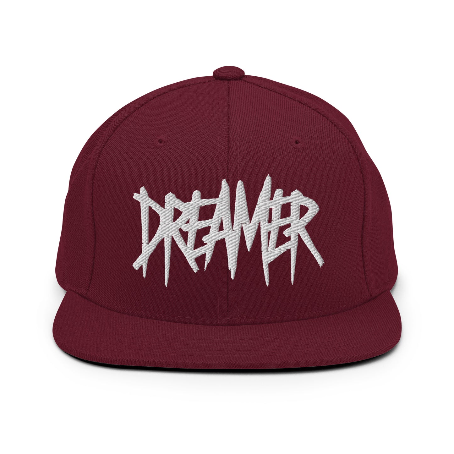 Maroon-Dreamer Graffiti Tag Snapback Hat from B.Different Clothing, front view, graffiti-inspired streetwear