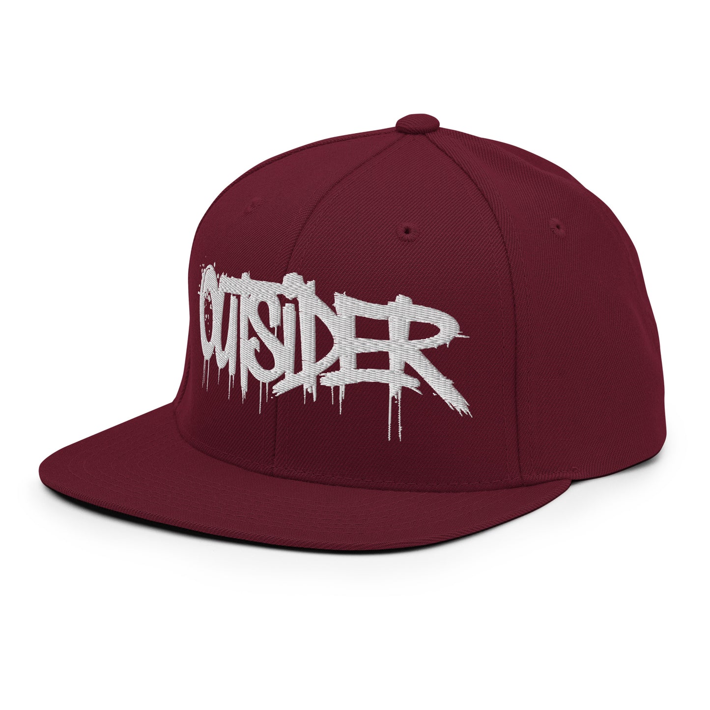 Maroon-Outsider Graffiti Tag Snapback Hat from B.Different Clothing, 3/4 left view, graffiti-inspired streetwear
