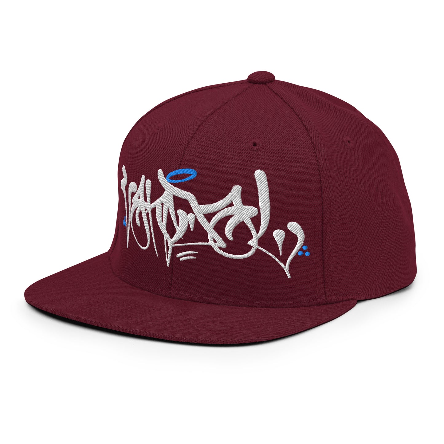 Maroon-Vandal Graffiti Tag Snapback Hat by Caos One from B.Different Clothing, 3/4 left view, graffiti-inspired streetwear