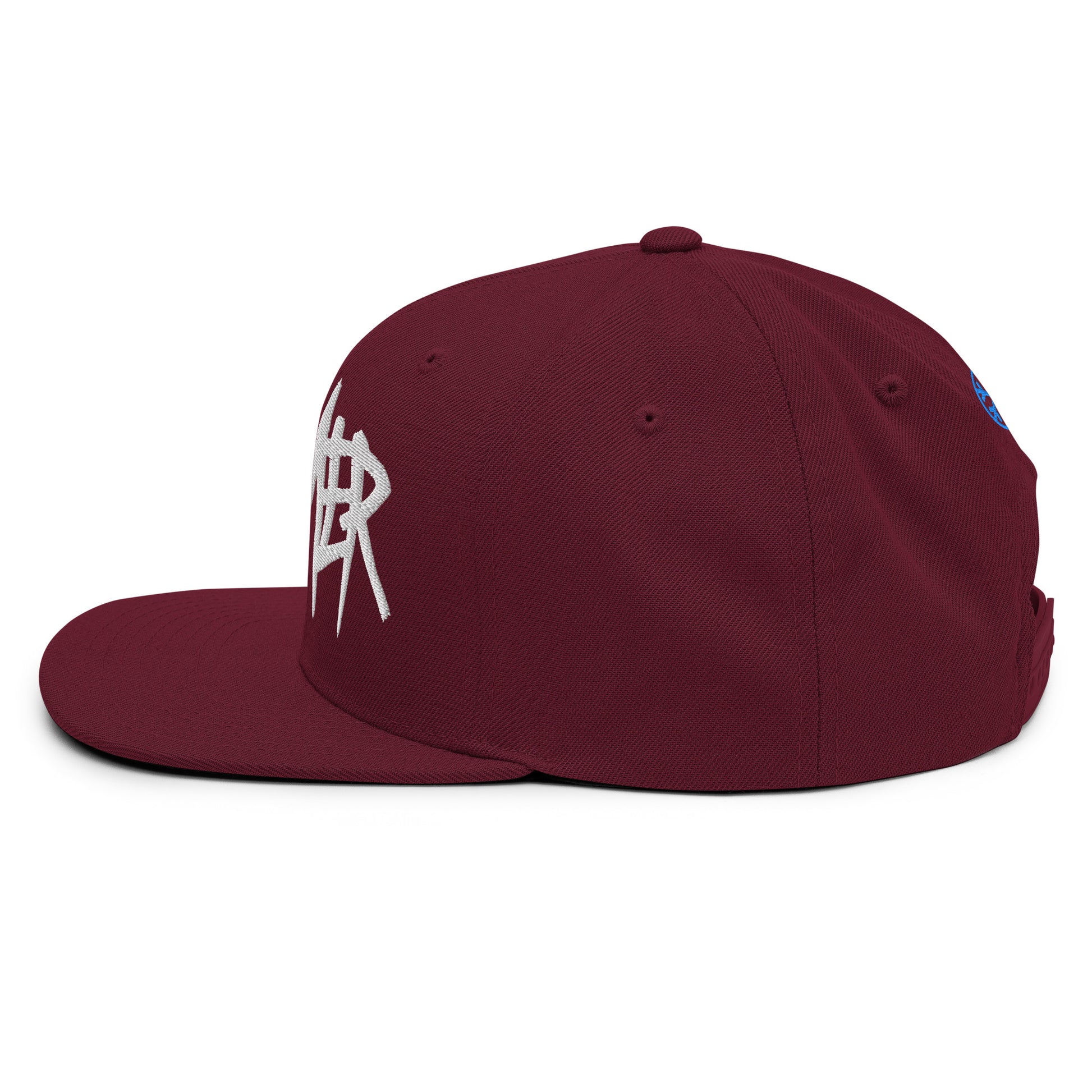 Maroon-Dreamer Graffiti Tag Snapback Hat from B.Different Clothing, left view, graffiti-inspired streetwear