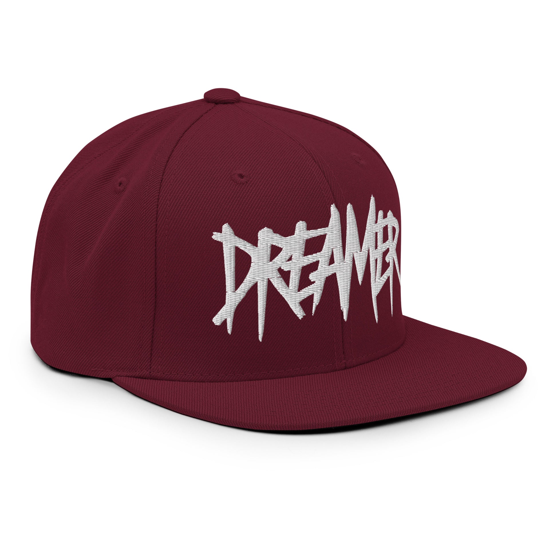 Maroon-Dreamer Graffiti Tag Snapback Hat from B.Different Clothing, 3/4 right view, graffiti-inspired streetwear