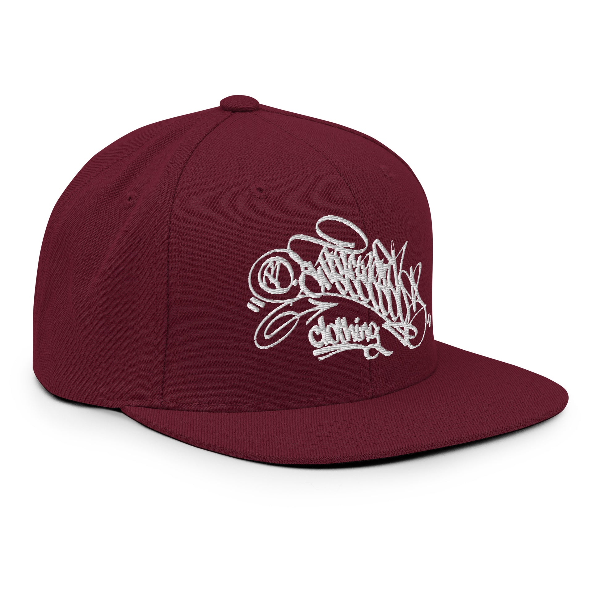 Maroon-Graffiti Dad Collab Snapback Hat from B.Different Clothing, 3/4 right view, graffiti-inspired streetwear