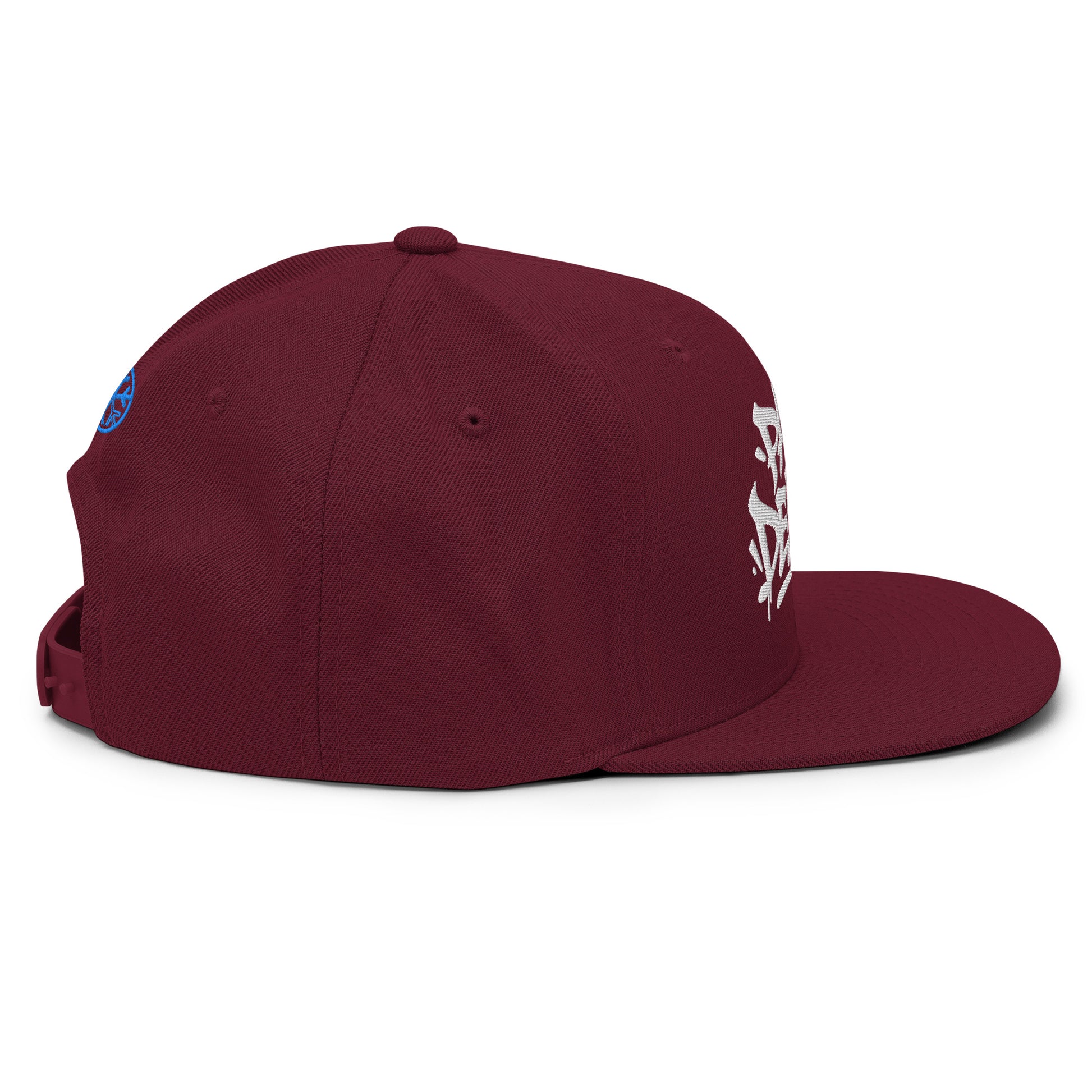 Maroon-Paint Dealer Graffiti Tag Snapback Hat from B.Different Clothing, right view, graffiti-inspired streetwear