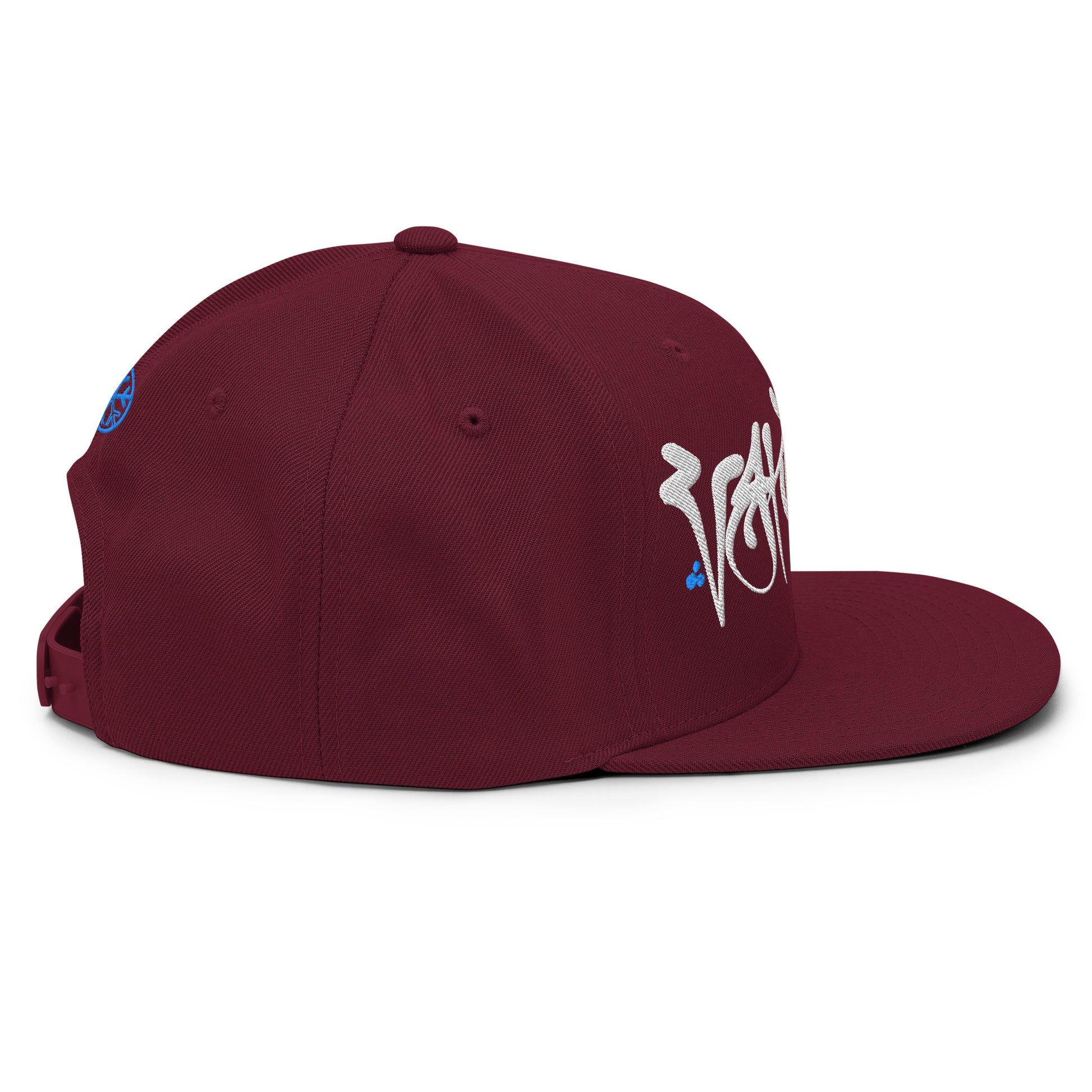Maroon-Vandal Graffiti Tag Snapback Hat by Caos One from B.Different Clothing, right view, graffiti-inspired streetwear