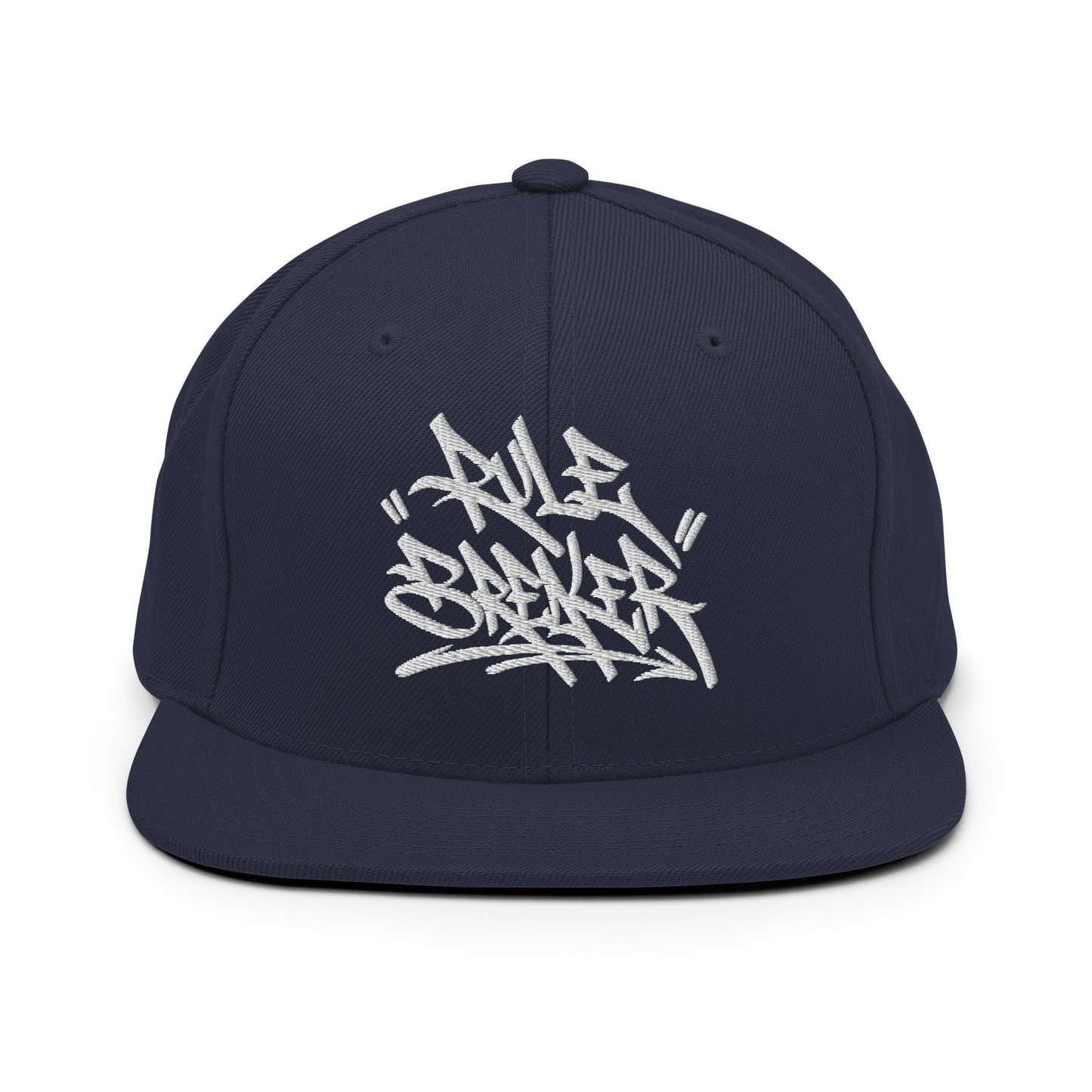 Navy-Rule Breaker Graffiti Tag Snapback Hat from B.Different Clothing, front view, graffiti-inspired streetwear