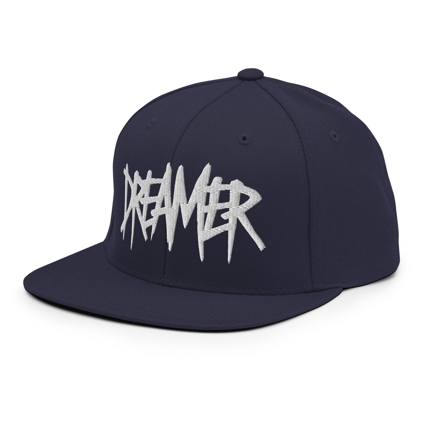 Navy-Dreamer Graffiti Tag Snapback Hat from B.Different Clothing, 3/4 left view, graffiti-inspired streetwear