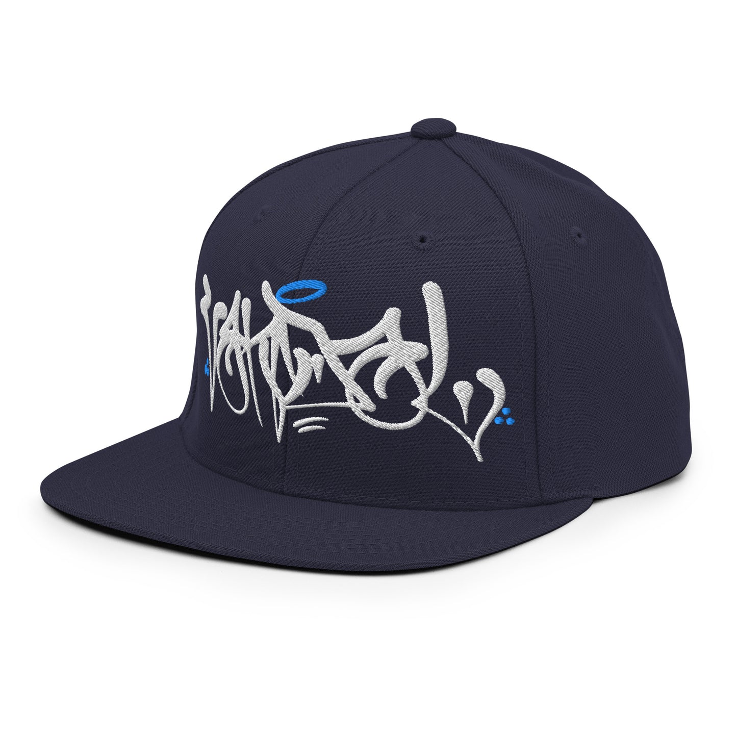 Navy-Vandal Graffiti Tag Snapback Hat by Caos One from B.Different Clothing, 3/4 left view, graffiti-inspired streetwear