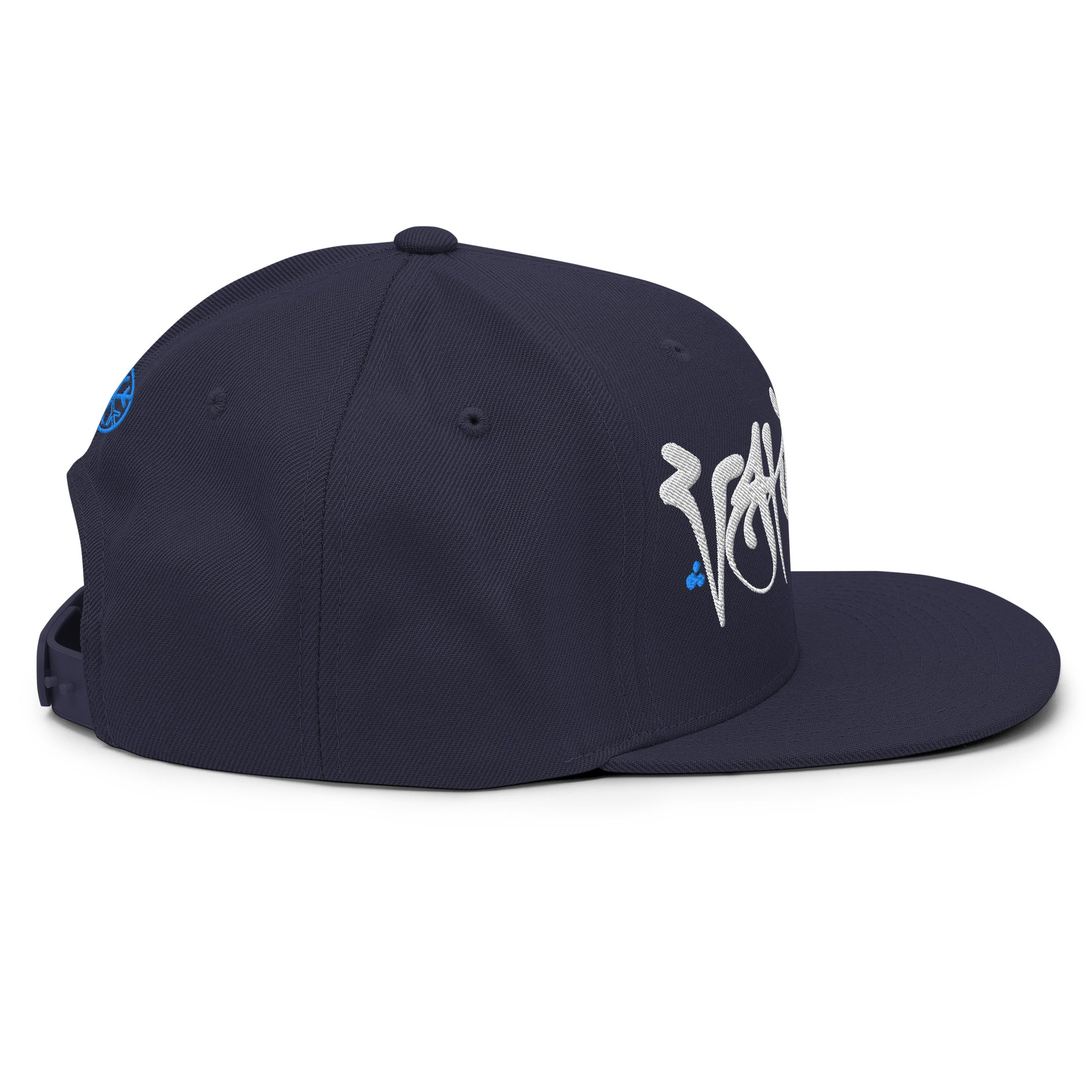 Navy-Vandal Graffiti Tag Snapback Hat by Caos One from B.Different Clothing, right view, graffiti-inspired streetwear