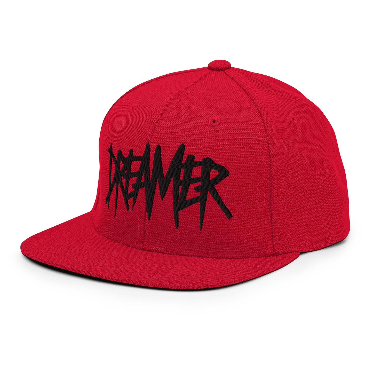 Red-Dreamer Graffiti Tag Snapback Hat from B.Different Clothing, 3/4 left view, graffiti-inspired streetwear