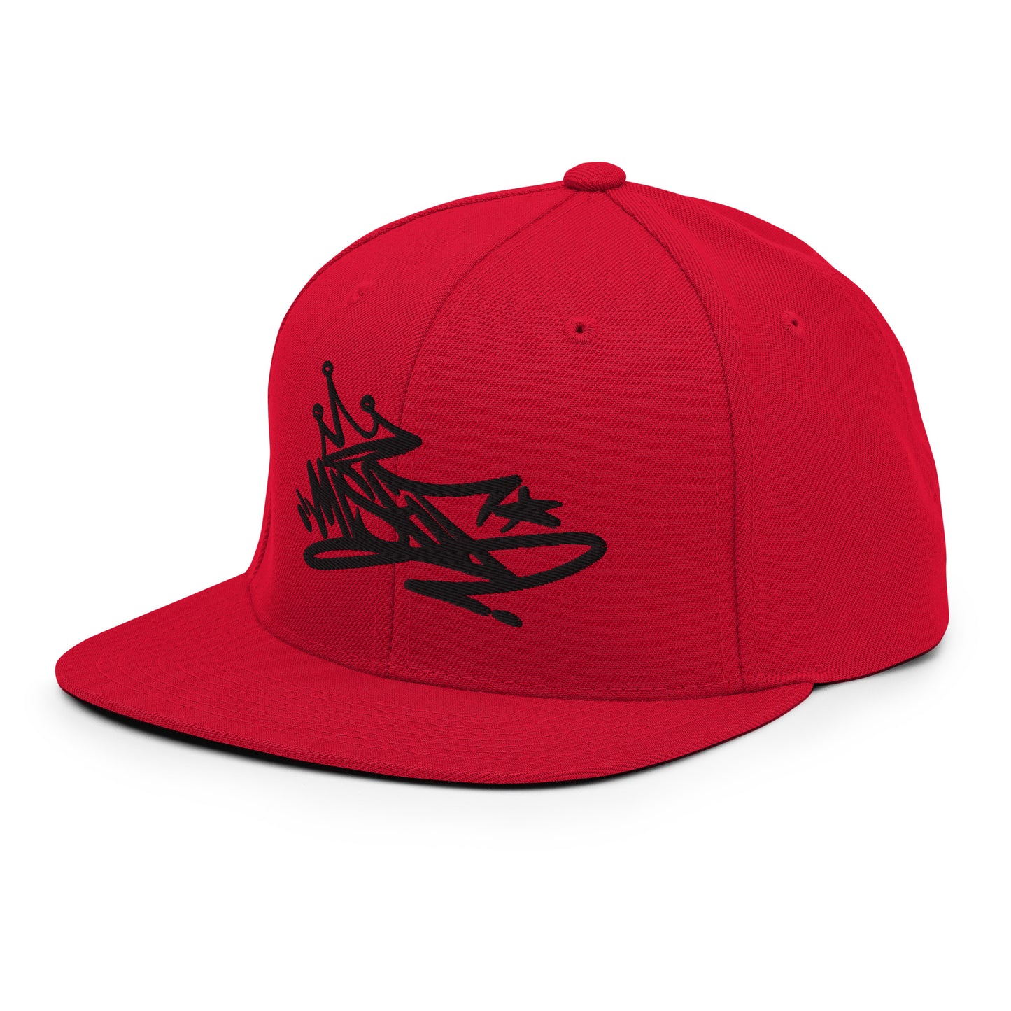 Red-Misfit Graffiti Tag Snapback Hat from B.Different Clothing, 3/4 left view, graffiti-inspired streetwear
