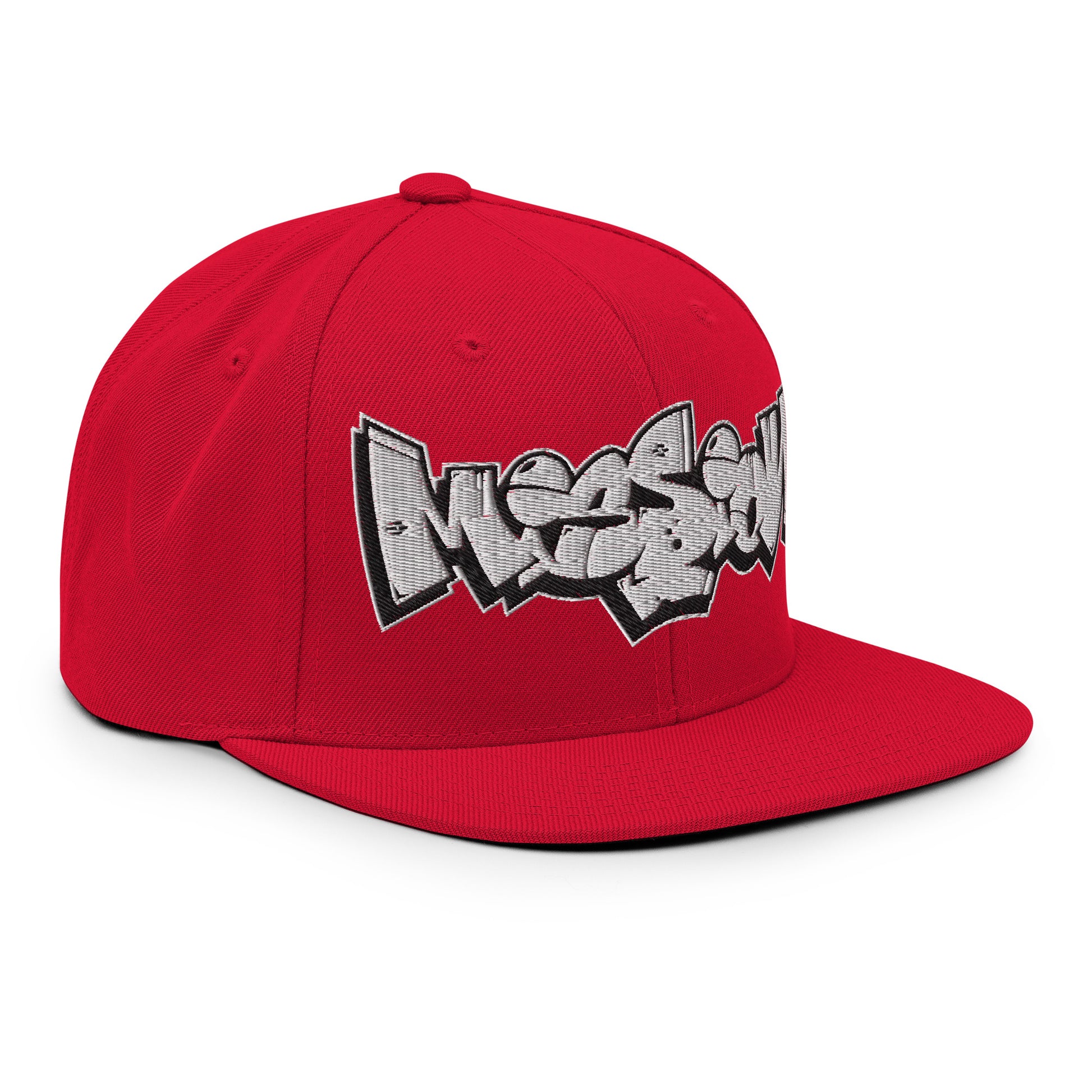 Red-Mission Graffiti Piece Snapback Hat from B.Different Clothing, 3/4 right view, graffiti-inspired streetwear