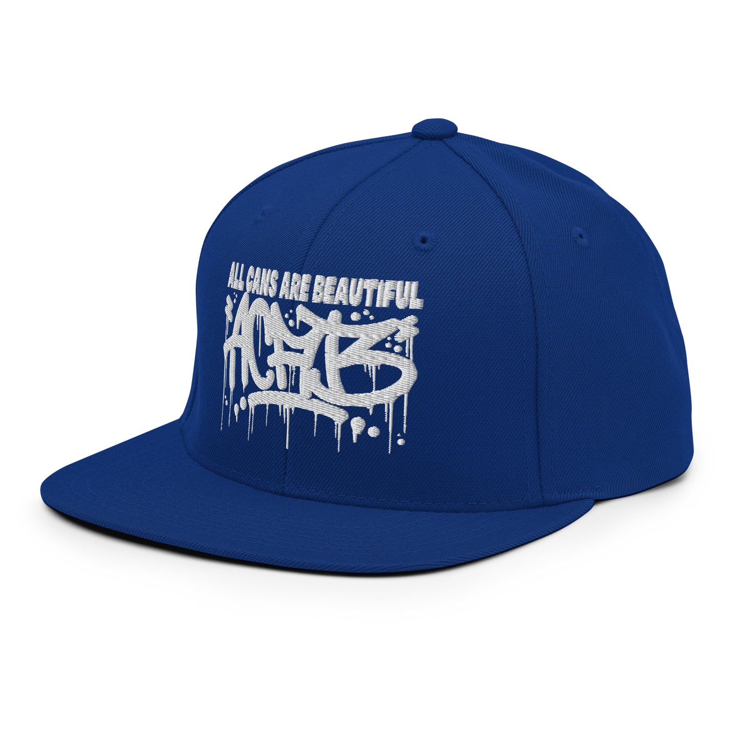 Blue-ACAB Graffiti Tag Snapback Hat from B.Different Clothing, 3/4 left view, graffiti-inspired streetwear