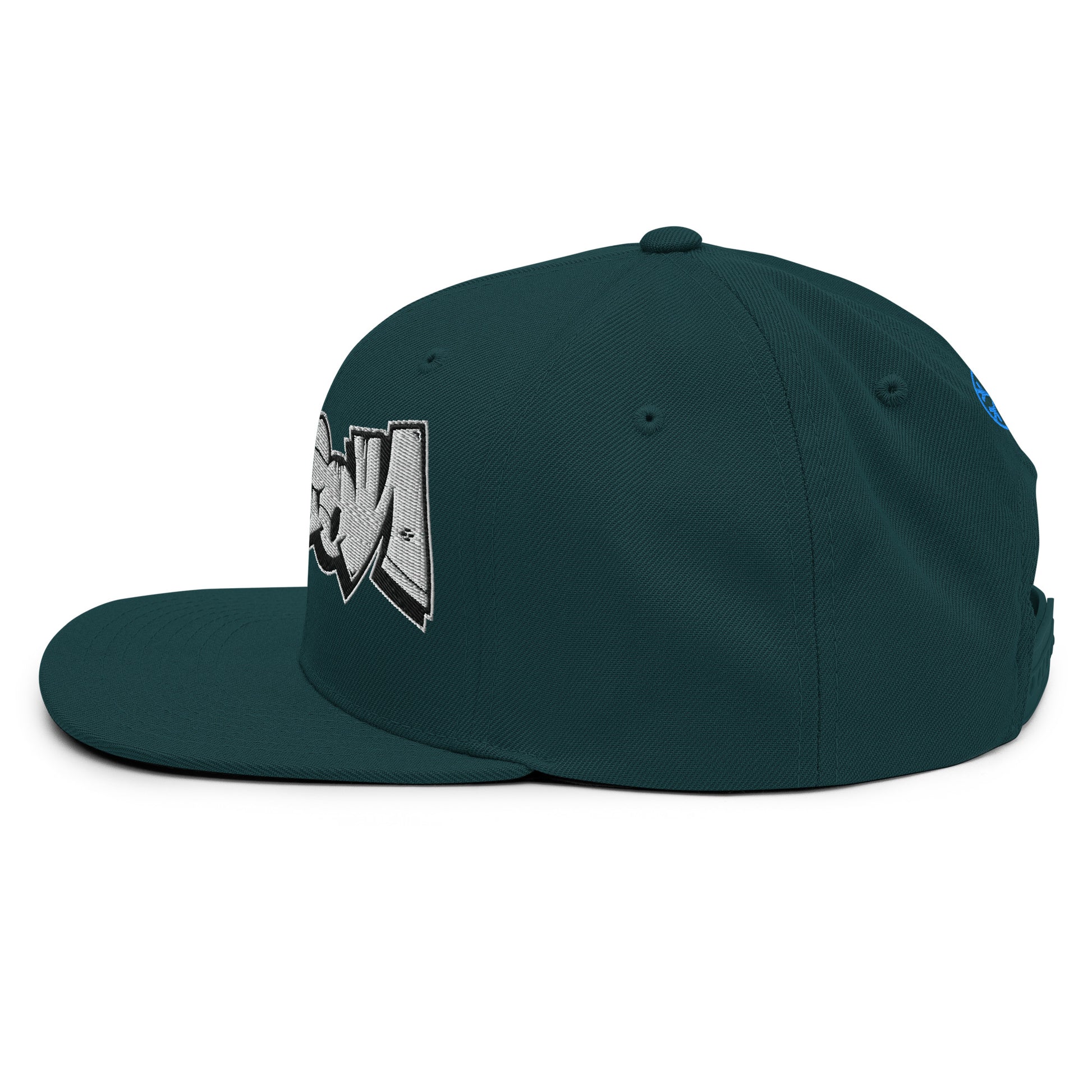 Green-Mission Graffiti Piece Snapback Hat from B.Different Clothing, left view, graffiti-inspired streetwear