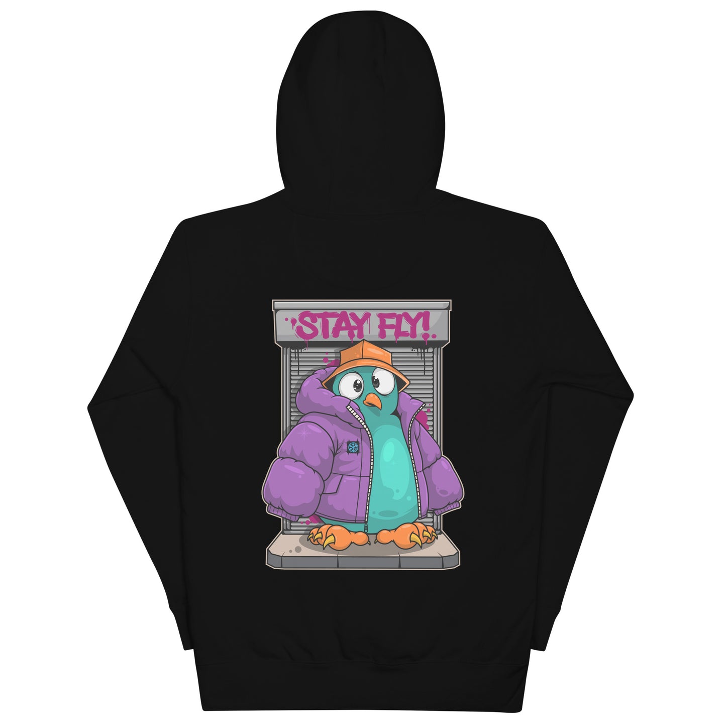 Black-Stay Fly Graffiti Character Hoodie from B.Different Clothing, back view, graffiti-inspired streetwear