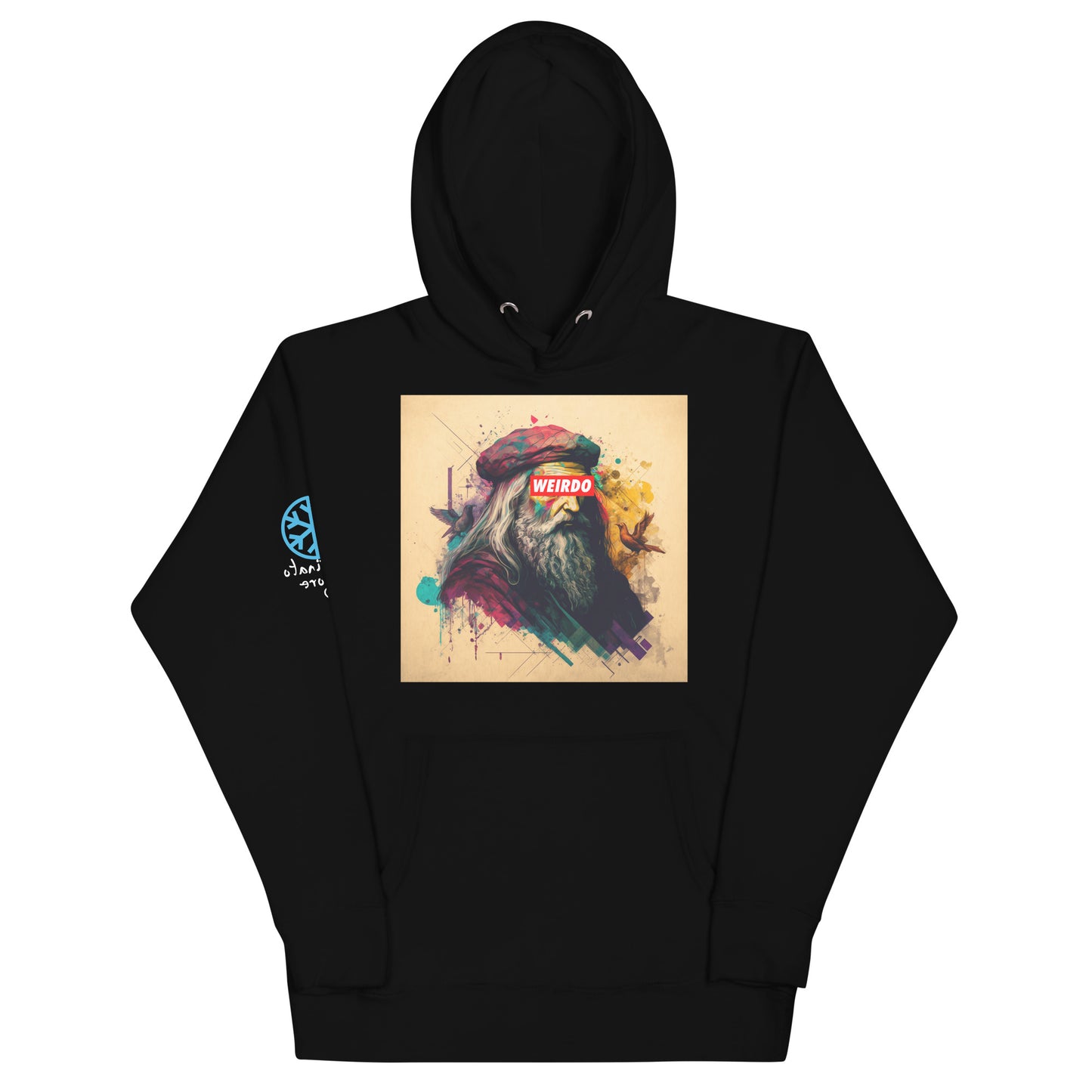 Black-Leonardo da Vinci Hoodie from B.Different Clothing, front view, graffiti-inspired streetwear