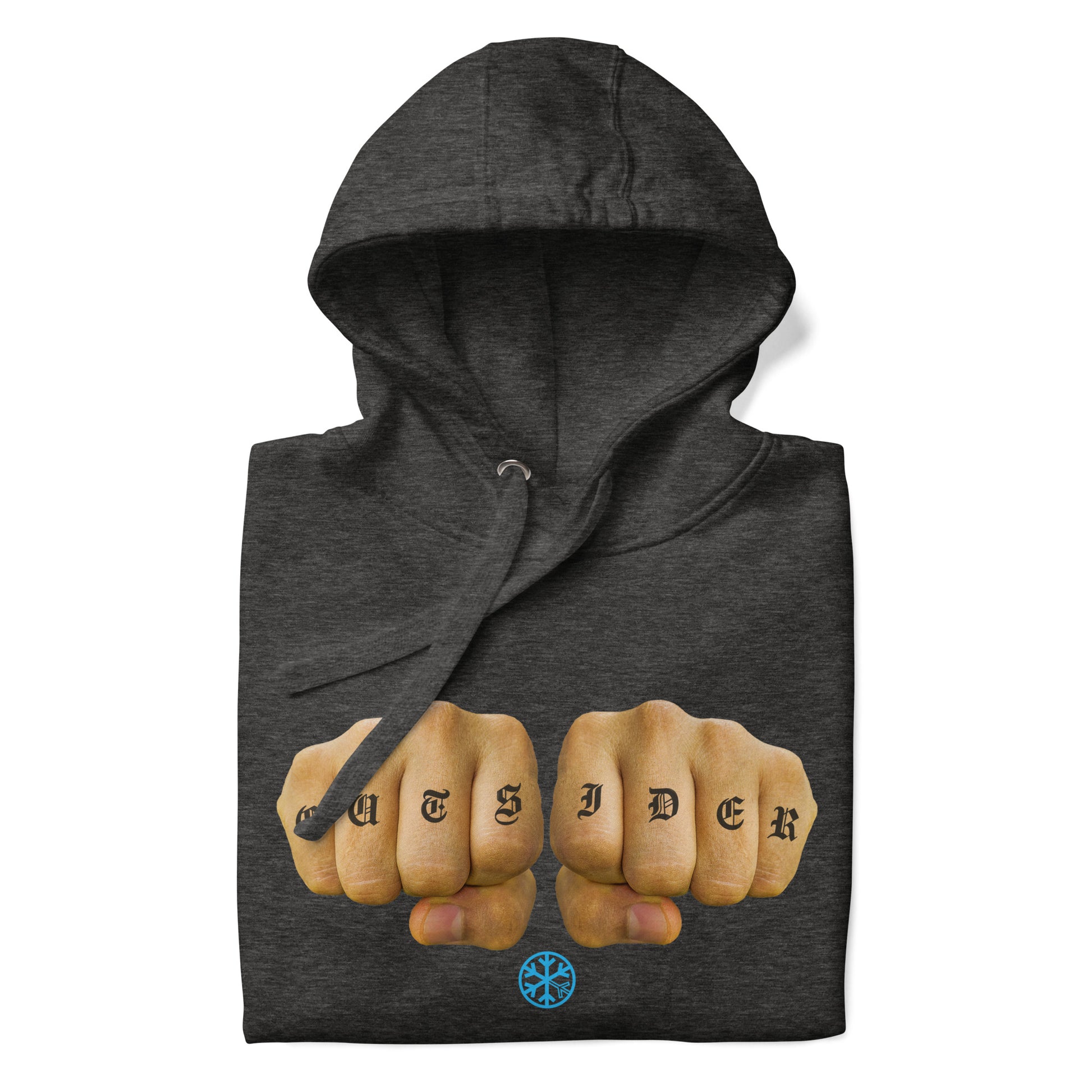 Darkgray-Outsider Tattoo Hoodie from B.Different Clothing, folded, graffiti-inspired streetwear