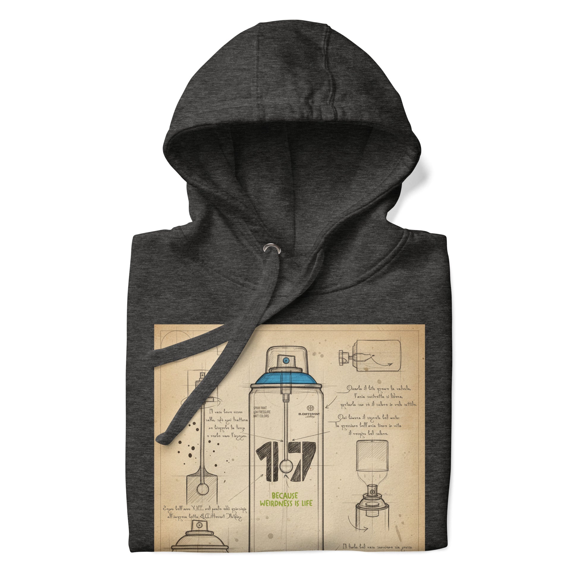 Darkgray-Spray Can Sketch Graffiti Hoodie from B.Different Clothing, folded, graffiti-inspired streetwear