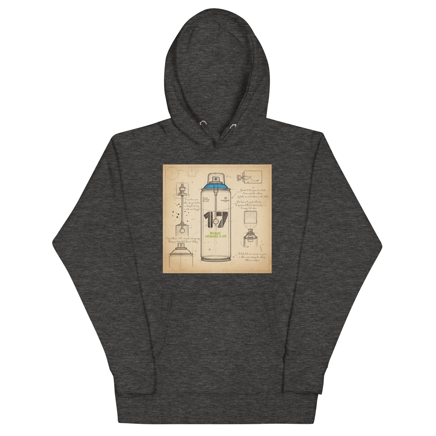 Darkgray-Spray Can Sketch Graffiti Hoodie from B.Different Clothing, front view, graffiti-inspired streetwear