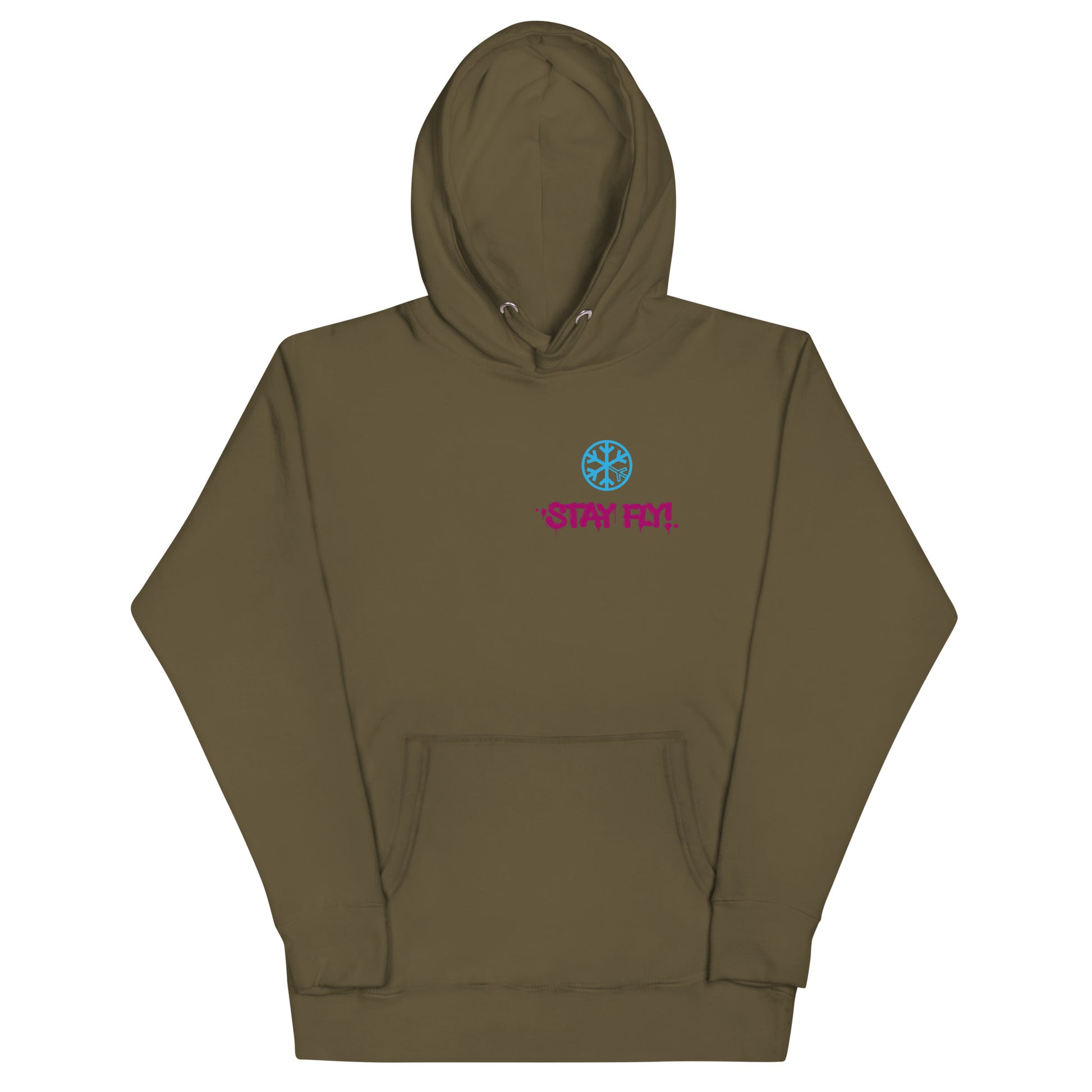 Green-Stay Fly Graffiti Character Hoodie from B.Different Clothing, front view, graffiti-inspired streetwear