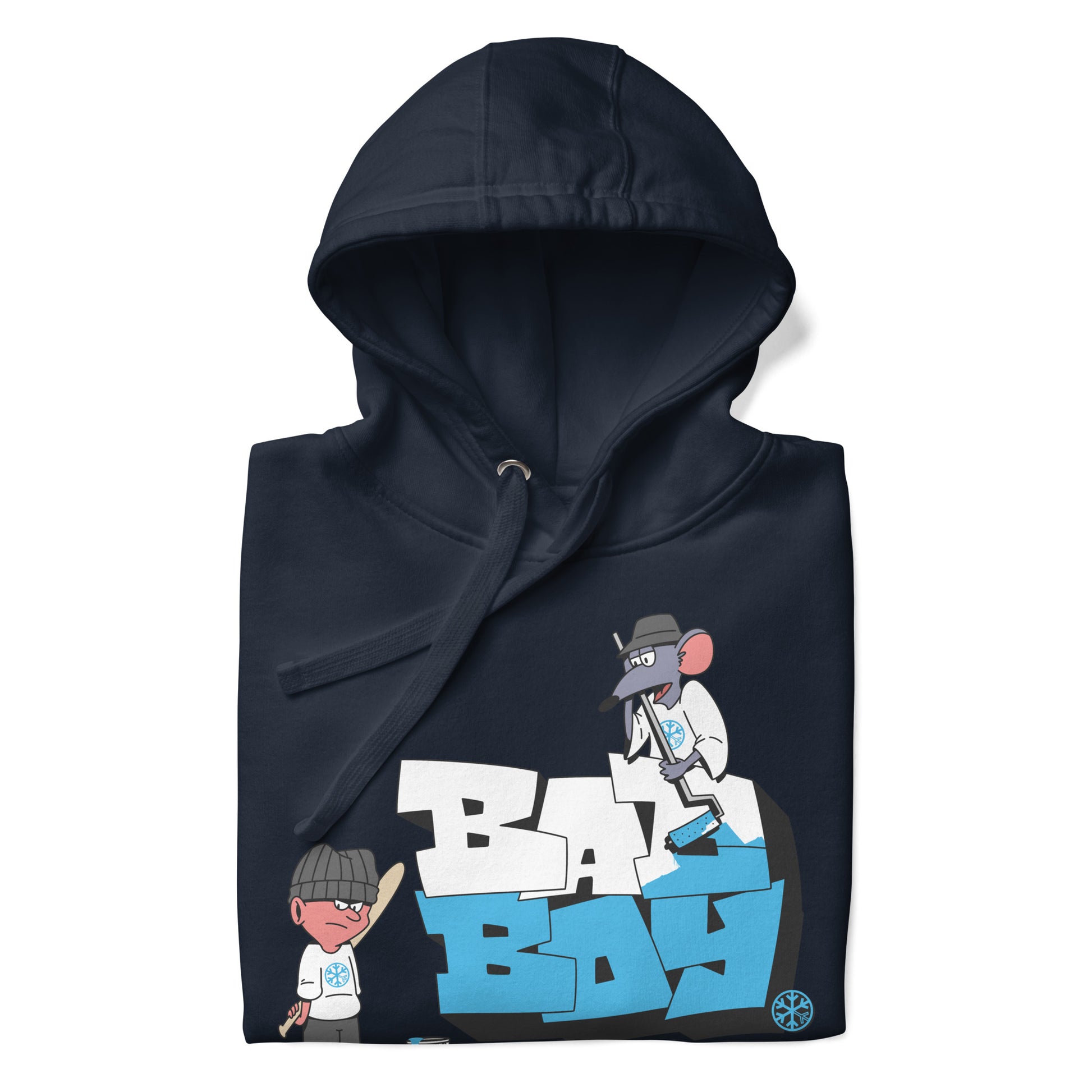 Navy-Bad Boy Graffiti Hoodie from B.Different Clothing, folded, graffiti-inspired streetwear