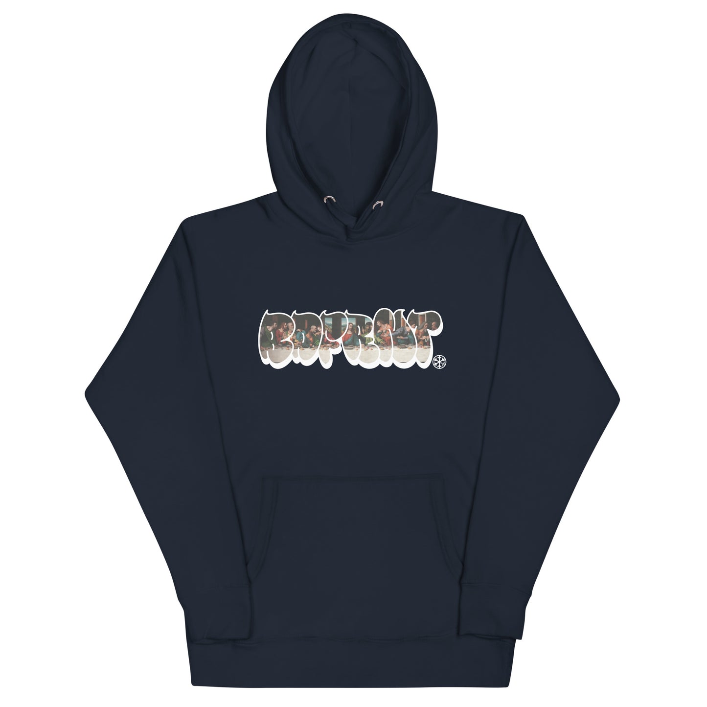 Navy-BDFRNT Throwie x Last Supper Graffiti Hoodie from B.Different Clothing, front view, graffiti-inspired streetwear