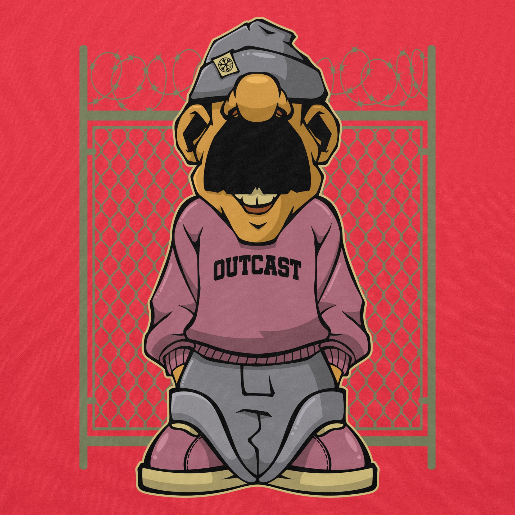 Red-Outcast Graffiti Character Hoodie from B.Different Clothing, graphic, graffiti-inspired streetwear
