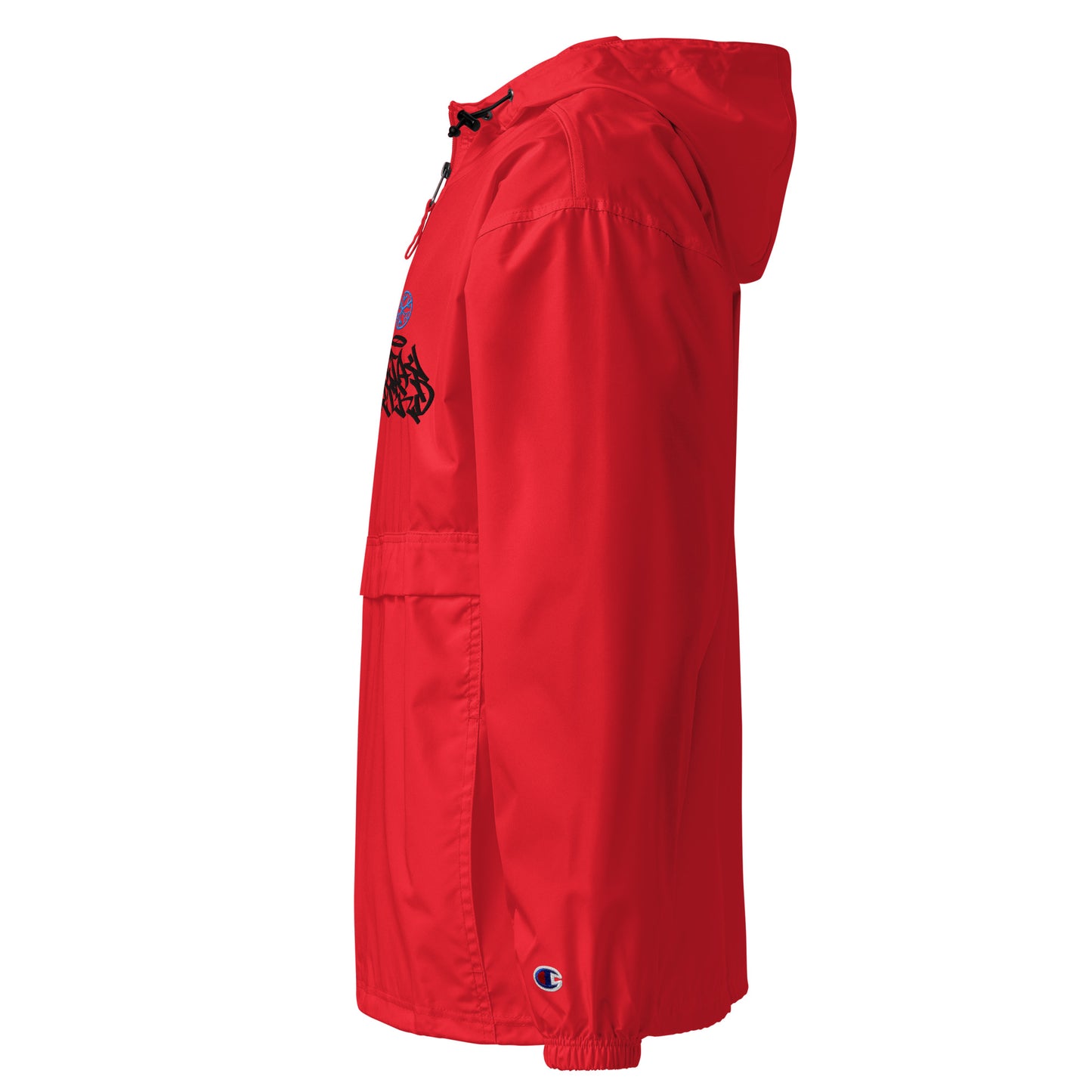 Red-Stay Weird Graffiti Tag Windbreaker Jacket from B.Different Clothing, left view, graffiti-inspired streetwear