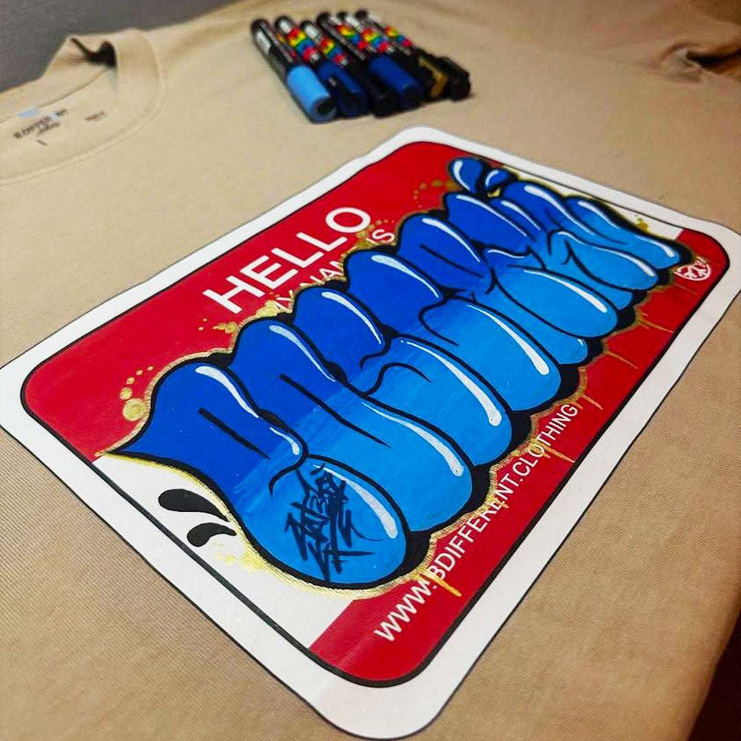 Beige-Customized Hello My Name Is Sticker Graffiti Tee from B.Different Clothing, graffiti-inspired streetwear t-shirt