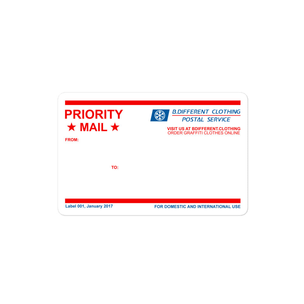 Priority Mail Graffiti Sticker from B.Different Clothing, front view, graffiti-inspired streetwear