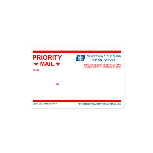 Priority Mail Graffiti Sticker from B.Different Clothing, front view, graffiti-inspired streetwear