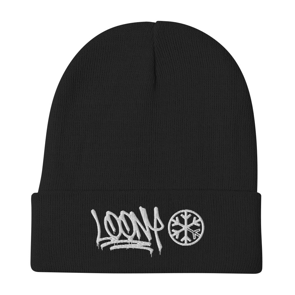 Black-Loony Graffiti Tag Beanie Hat from B.Different Clothing, flat view, graffiti-inspired streetwear
