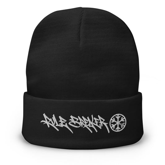 Black-Rule Breaker Graffiti Tag Beanie Hat from B.Different Clothing, front view, graffiti-inspired streetwear