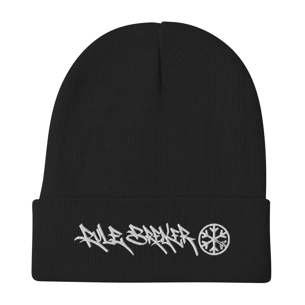 Black-Rule Breaker Graffiti Tag Beanie Hat from B.Different Clothing, flat view, graffiti-inspired streetwear