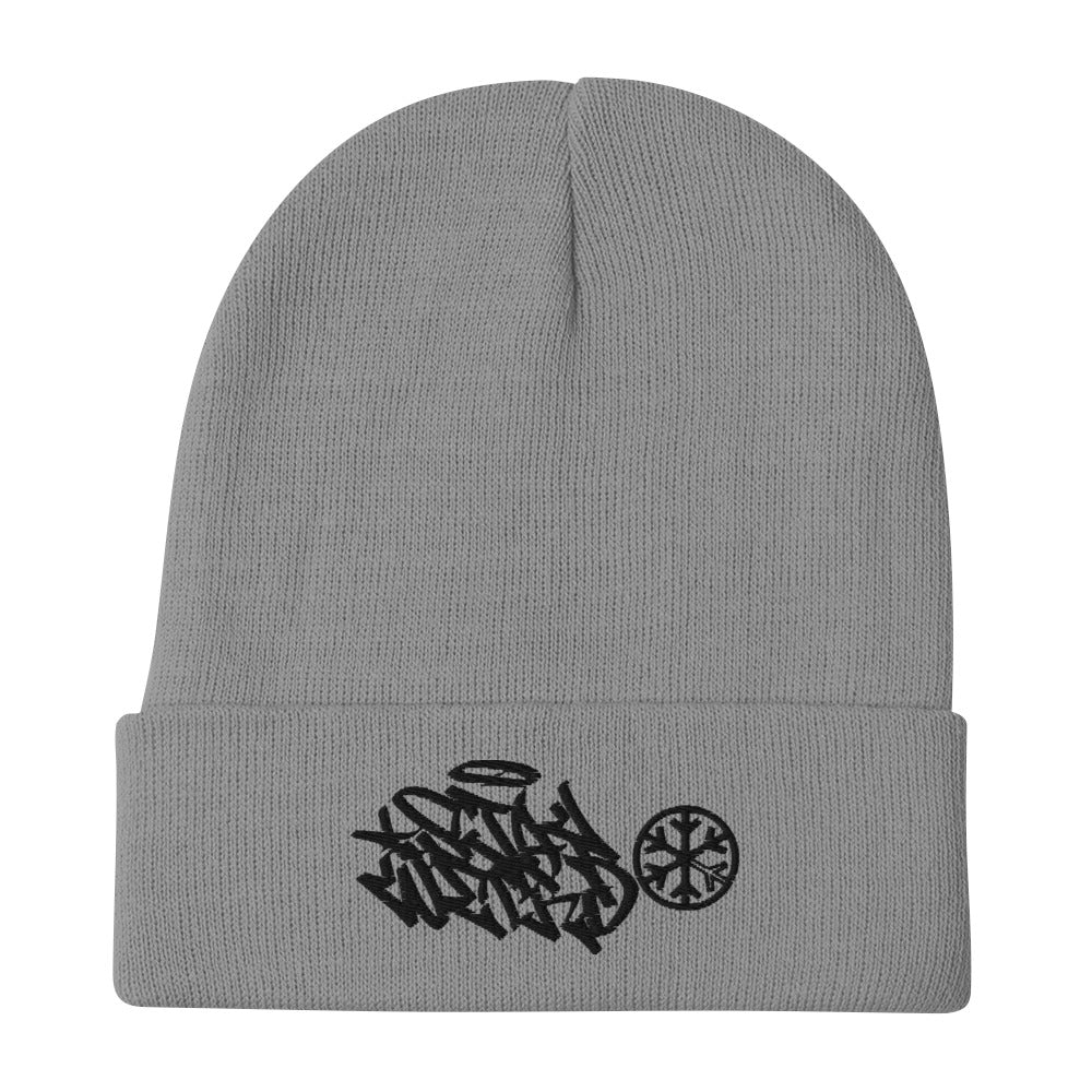 Gray-Stay Weird Graffiti Tag Beanie Hat from B.Different Clothing, flat view, graffiti-inspired streetwear