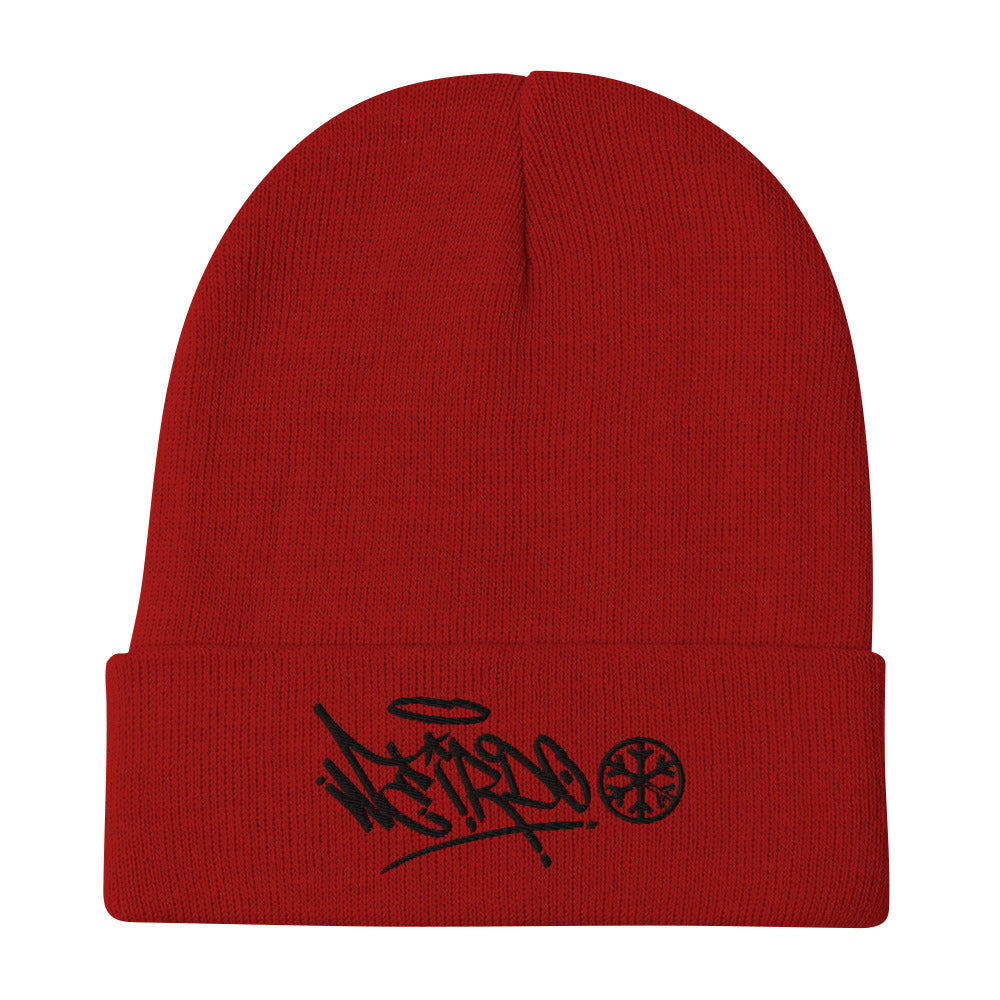 Red-Weirdo Graffiti Tag Beanie Hat from B.Different Clothing, flat view, graffiti-inspired streetwear