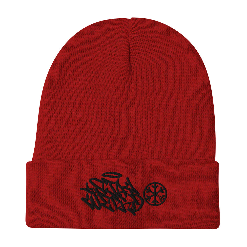 Red-Stay Weird Graffiti Tag Beanie Hat from B.Different Clothing, flat view, graffiti-inspired streetwear