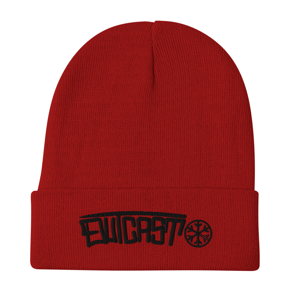 Red-Outcast Graffiti Tag Beanie Hat from B.Different Clothing, flat view, graffiti-inspired streetwear