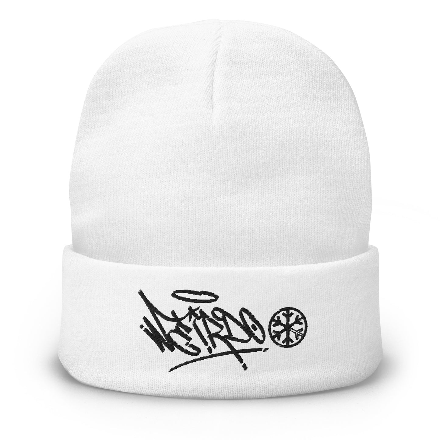 White-Weirdo Graffiti Tag Beanie Hat from B.Different Clothing, front view, graffiti-inspired streetwear